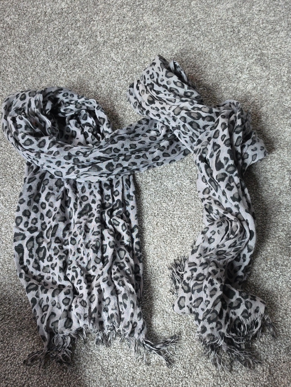 Light Gray Leopard Print Fringe Scarf